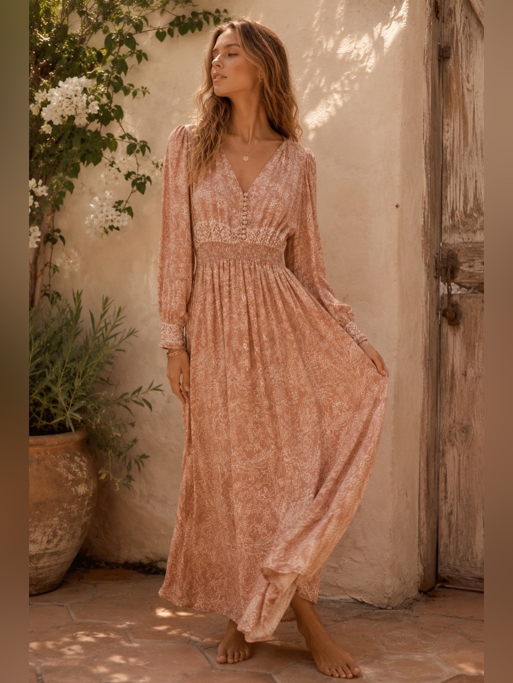Natalie Martin April Dress Silk Maxi Dress XS/S Tan Floral Print